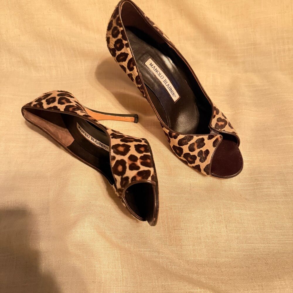 Manolo Blahnik calf hair leopard print peep toe stiletto heels 7 - Picture 9 of 10